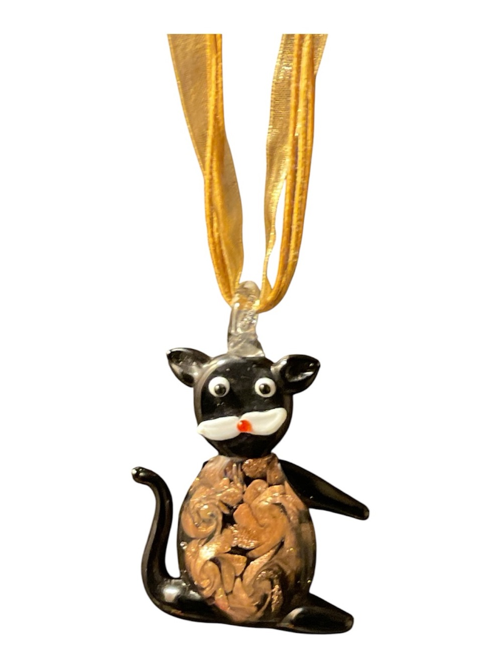 Blown Glass Black & Gold Cat Pendant Necklace